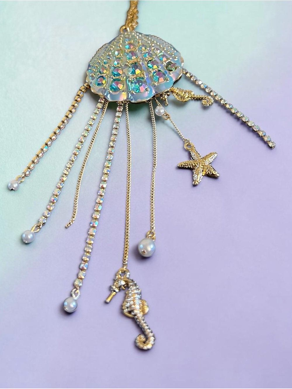 Betsey Johnson Gold-Tone Iridescent Blue Shell Charm Necklace - Picture 6 of 16